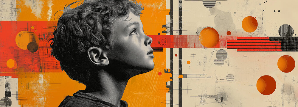 Profil eines Jungen vor abstrakten geometrischen Formen und Mustern in orange und rot. Dada Collage: "Abstrakte Gedanken: Ein Blick in die Zukunft". Illustration / Banner