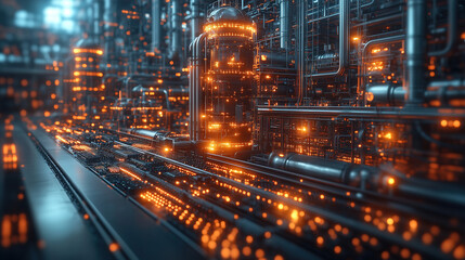 Obraz premium Futuristic cityscape with glowing pipes and structures illuminated by orange lights at night. Generative AI