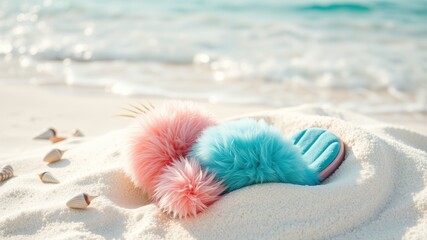 Fototapeta premium A pair of fluffy pink and blue slippers rest on a white sandy beach with scattered seashells, bathed in warm sunshine, creating a tranquil and inviting scene.