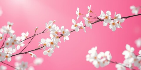 Fototapeta premium Delicate white blossoms on a branch against a vibrant pink background, showcasing the beauty of spring's awakening.