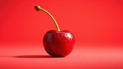 A single, glistening cherry with water droplets sits on a vibrant red surface, its stem reaching upwards.