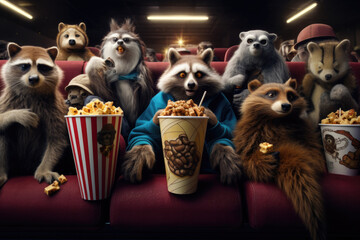 Animals in theater seats enjoying popcorn, humorous and entertaining concept