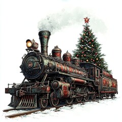 Naklejka premium Vintage steam train with Christmas tree in snowy setting.