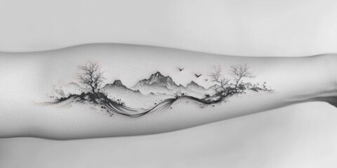 Intricate ink art displays a serene mountain landscape with trees and flying birds on a forearm at dusk