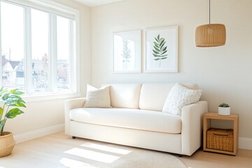 Bright and Airy Living Room with Neutral Sofa, Indoor Plants, Natural Light, and Minimalist Decor Featuring Leafy Artwork and Cozy Ambience