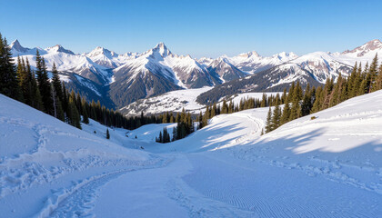Snowy mountain valley with evergreen trees and clear sky