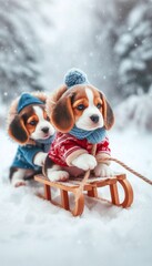 Playful Beagle Puppies Enjoying Winter Fun in the Snow