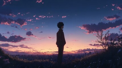 Fototapeta premium Silhouette of a young male anime character against a vibrant sunset sky.