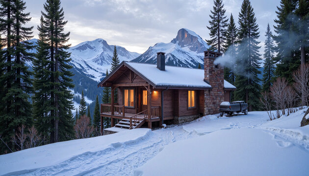 Cozy cabin in snowy mountain forest at dusk