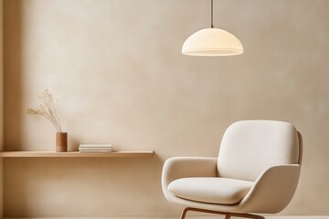 Cozy modern living room design featuring a minimalist chair, elegant pendant light, wooden shelf, and subtle natural décor against a warm beige wall
