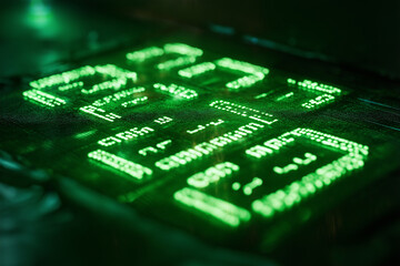 A green screen with a lot of numbers and letters on it. The numbers and letters are glowing and appear to be in a foreign language. Scene is mysterious and intriguing