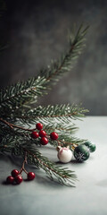 Christmas greenery with red holly berries and green pine, festive winter theme, vertical holiday background