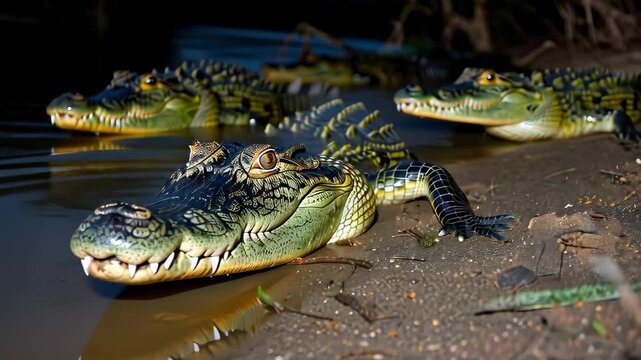 Caiman crocodiles resting near a riverbank at night, displaying their distinctive scales and features.