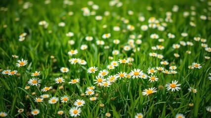 A lush green meadow filled with delicate white daisies, their yellow centers adding a touch of sunshine to the vibrant scene.