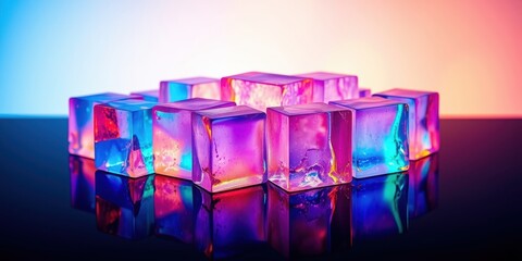 A group of colorful glass cubes reflecting on a dark surface with an abstract background of pink and blue tones.