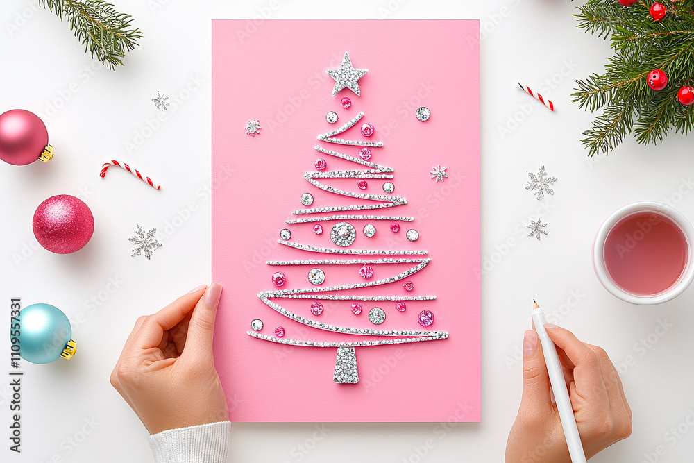 Poster hands arrange colorful decorations on a pink card, creating a vibrant christmas tree design filled w