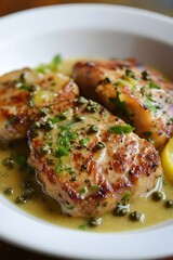 A dish of veal scallopini with capers and lemon sauce.