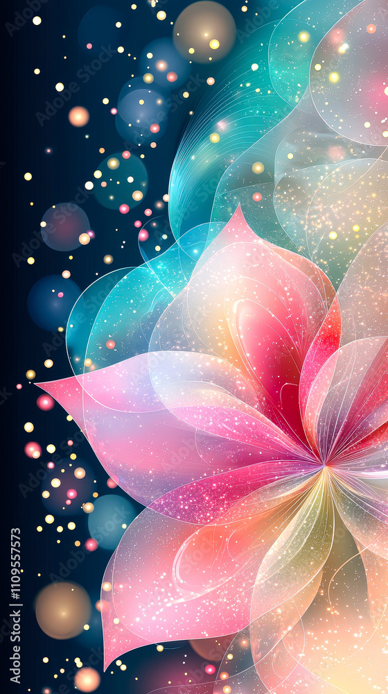 Poster Beautiful colorful abstraction featuring a large flower with soft hues and glowing points of light against a dark backdrop