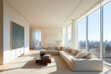 Fototapeta premium Modern Minimalist Living Room with Large Windows Offering City Skyline Views and Bright Natural Light in Stylish Interior Design, Ideal for Contemporary Lifestyle