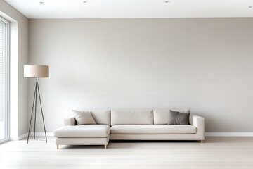 Modern and Minimalist Living Room Interior Design Featuring a Light Couch, Floor Lamp, and Neutral Color Palette in Bright Space