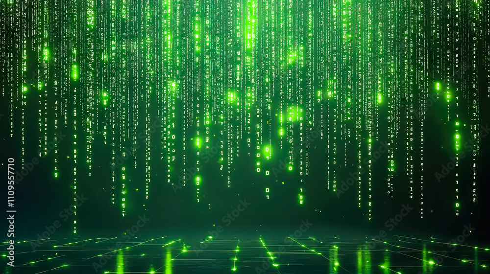 Poster glowing green lines descend from above, creating a digital rain effect against a dark backdrop, evok