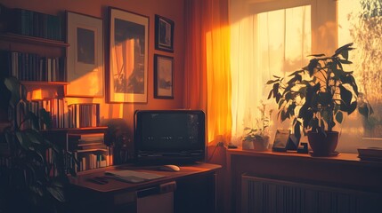 Cozy home office with warm sunlight and indoor plants in a serene setting.