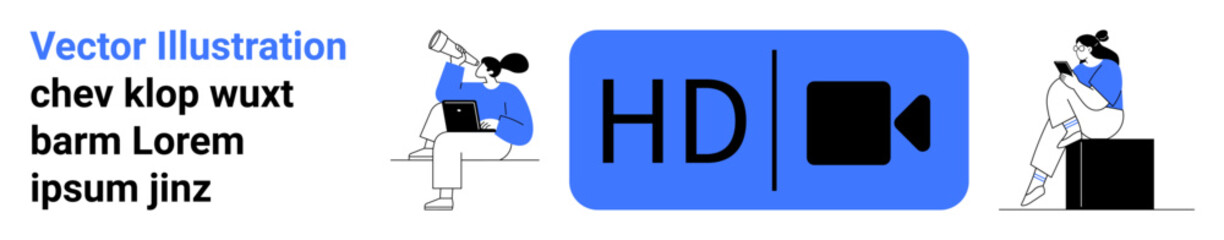 People using devices, reading, and exploring against a white background. HD video icon stands centrally. Ideal for digital communication, technology, connectivity, media consumption, video calls