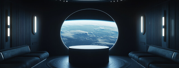 Cistern with windows overlooking the Earth from space, round podium for product presentation in a spaceship interior