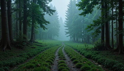 Misty forest path surrounded by trees and greenery