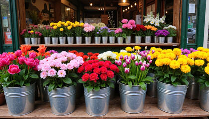 Fototapeta premium Flower shop display with colorful potted flowers