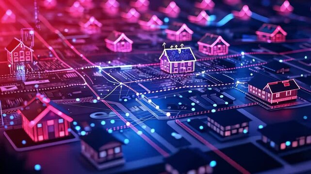 A digital representation of a smart city with houses connected by glowing lines, symbolizing technology and data flow.