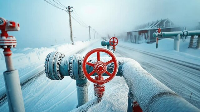 A close-up of a red valve on a large pipe covered in frost.