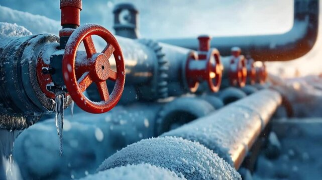 A close-up of a red valve on a large pipe covered in snow and ice.