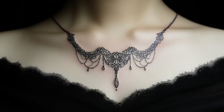 Captivating floral henna necklace art adorning the elegant collarbone in a striking black backdrop