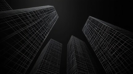 A dark, abstract view of skyscrapers, showcasing a geometric structure with a focus on lines and angles against a black background.