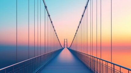 A stunning suspension bridge extends into a vibrant horizon, showcasing a gradient of pastel colors during sunset over calm waters.