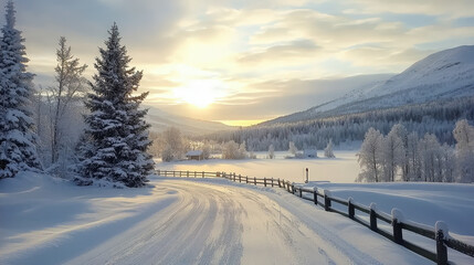 Fototapeta premium A snow-covered road winds through a tranquil winter landscape as the sun rises over the mountains, casting a warm glow