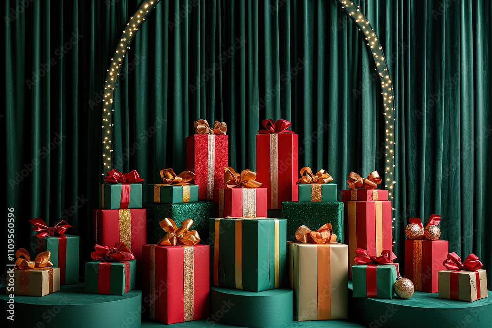Poster Stacked presents in various colors and sizes adorn a festive backdrop, creating a joyful holiday atmosphere perfect for celebrations