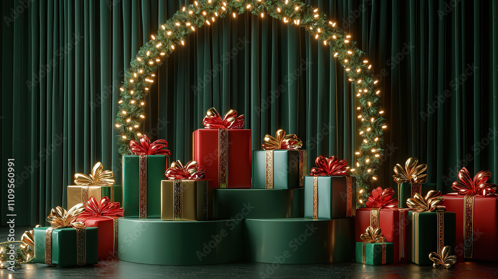 Poster Brightly colored wrapped gifts with bows are arranged artfully under a string of warm lights, creating a festive holiday atmosphere