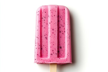 Pink berry popsicle with speckled texture on white background.
