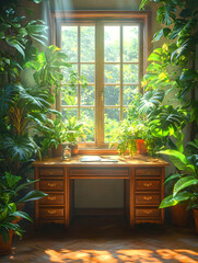 Sunlit room with desk, plants, and window.