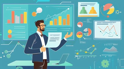 Entrepreneur businessman leading a startup pitch session with prototype models and market research prominently displayed