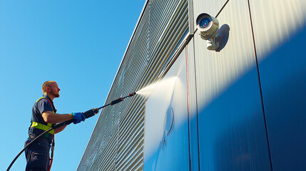 A worker is actively using a pressure washer to clean the facade of a modern commercial building, ensuring it looks pristine