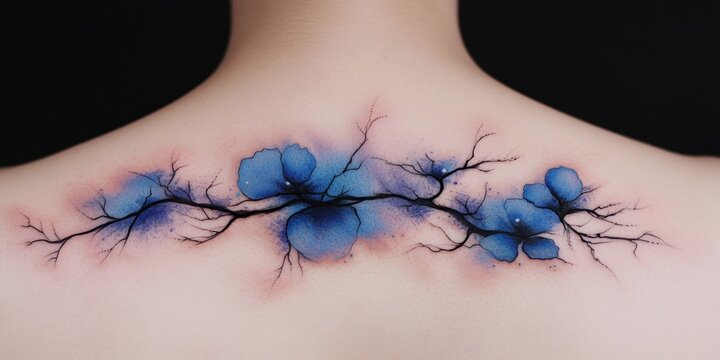 Beautiful watercolor tattoo design featuring blue blooms and delicate branches on a bare back