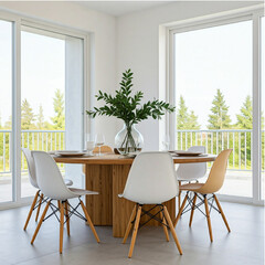 Obraz premium A bright and airy dining room with a minimalist aesthetic. A large oval wooden table takes center stage, surrounded by colours chairs.