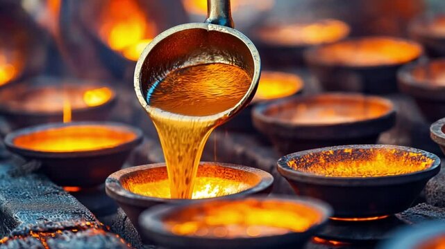 Molten metal being poured into a row of molds.