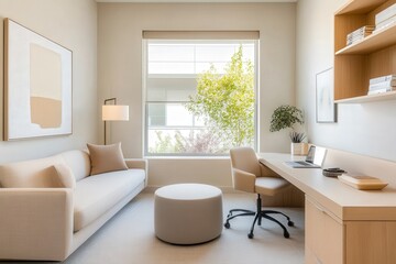 Fototapeta premium Modern minimalist workspace with natural light, soft color palette, comfortable furniture, and organized desk for productivity and creativity