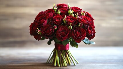 Bouquet of red roses on wooden table with soft lighting.