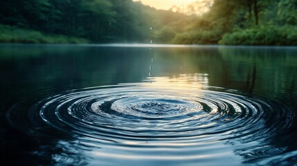 Tranquil Water Surface with Rippling Circles and Distant Forest Landscape at Sunrise, Capturing the Essence of Nature's Calm and Serenity