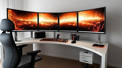 Modern home office setup with dual curved monitors and sleek ergonomic chair at dawn - Powered by Adobe